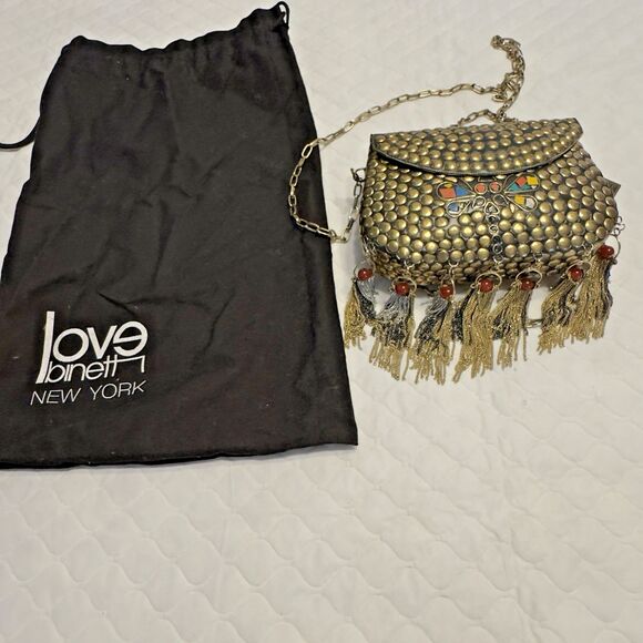 Love Binetti Diego Metal Brass Stud Clutch Bag Mini Purse Butterfly Coral Tassel - Picture 8 of 16